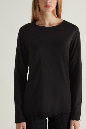Mikina Tezenis Long Sleeve Lettuce Leaf Stitch Bavlnene Top Damske Čierne | SK-841973RJG
