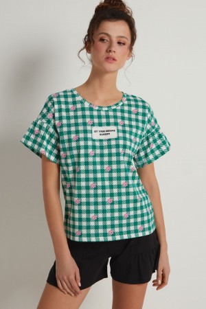 Pyžamá Tezenis Gingham Kratke Bavlnene Damske Zelene Biele | SK-735248KHD