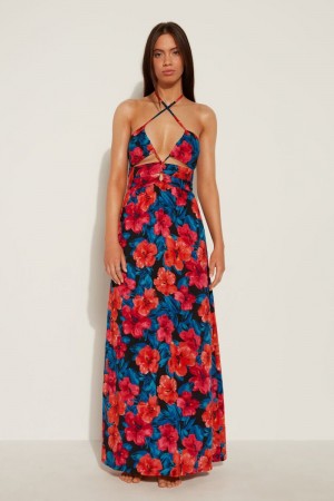 Saty Tezenis Long Viscose Fabric Criss-Cross Damske Modre Kvetinové | SK-829647FXY