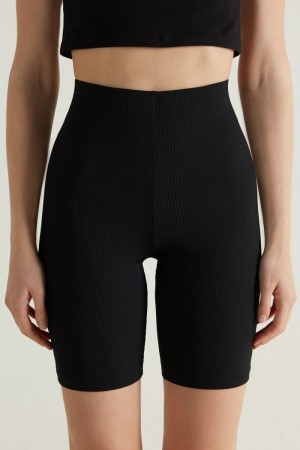 Sortky Tezenis Rebrovaný Microfiber High Pásom Bike Damske Čierne | SK-350847QXJ