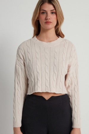 Svetre Tezenis Cropped Long-Sleeve Cable Knit in Fully-Fashioned Bavlnene Damske Biele Béžové | SK-503617ERN