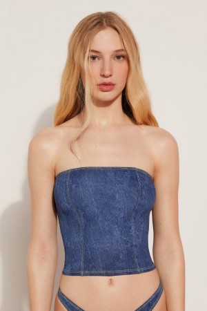 Topy Do Bikín Tezenis Denim Bikiny Tube Top Damske Modre | SK-123650HRV
